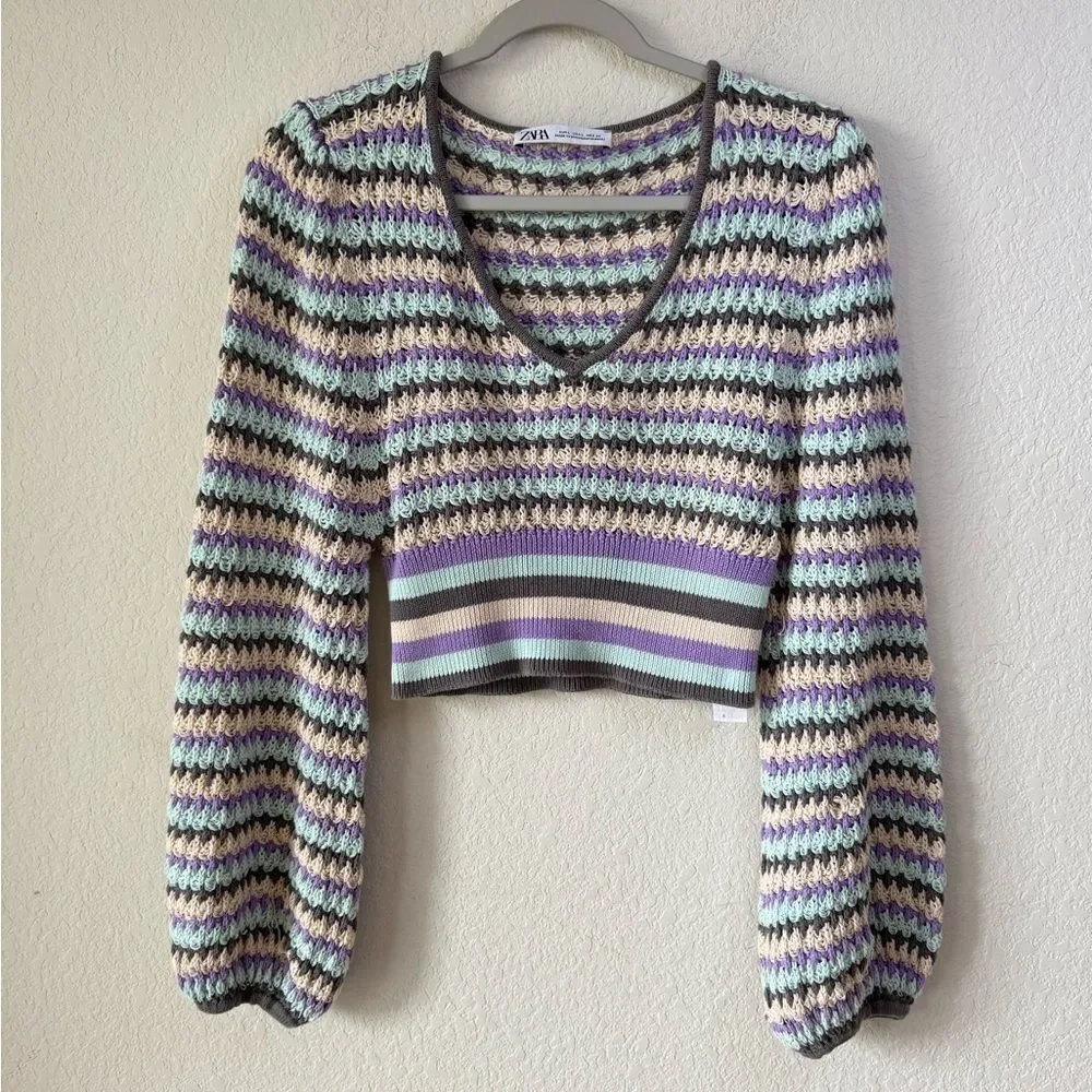 ZARA Women’s Striped Crochet Knit Cropped Sweater Top Puff‎ Sleeve V-Neck Sz L